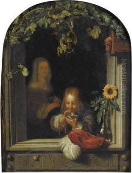 Jeune Garcon Faisant Des Bulles De Savon Oil Painting by Frans Ii Van Mieris