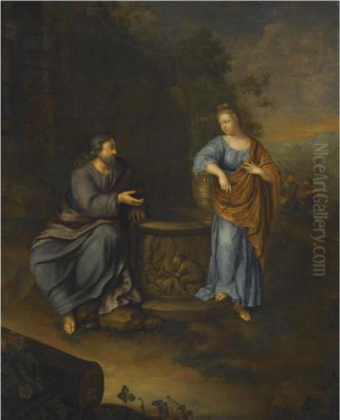 Christ And The Woman Of Samaria Oil Painting by Frans Ii Van Mieris