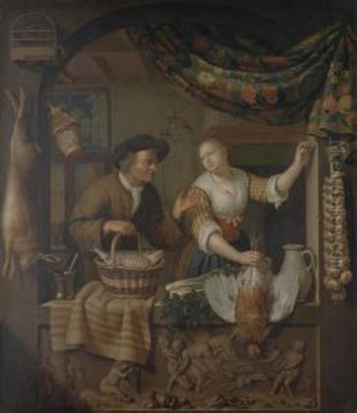 A Fish Seller And A Poultry Seller In An Arched Window, Above Acarved Relief Oil Painting by Frans Ii Van Mieris