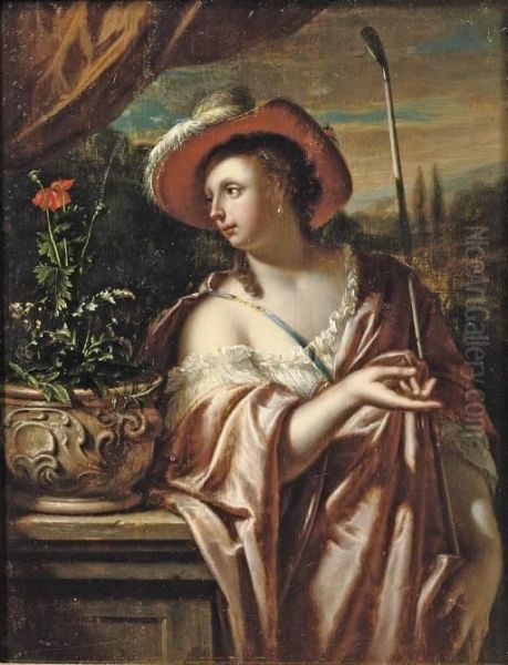 A Shepherdess Standing Near A Plinth With Flowers In A Classical Vase Oil Painting by Frans Ii Van Mieris