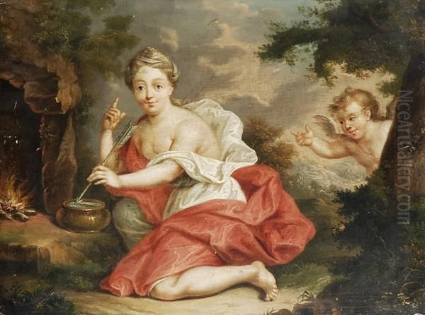 Venere Intinge La Freccia Di Amore Oil Painting by Frans Ii Van Mieris