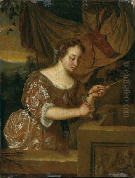 Jeune Femme Tenant Une Fleche Oil Painting by Frans Ii Van Mieris