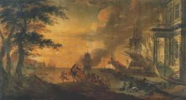 Une Caravane Dans Un Port De Fantaisie Oil Painting by Hendrik van Minderhout