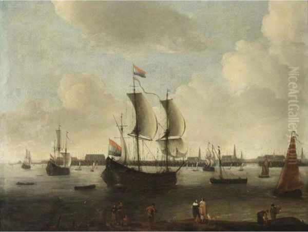 An Extensive View Of The Roads Of A City With A Large Flute, A Small Cargo Ship, A Oil Painting by Hendrik van Minderhout