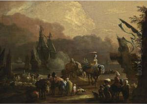 A Mediterranean Harbour Scene 
With Merchants Transporting Their Goods, Muleteers Loading Their Mules, 
Laden Camels Transporting Goods, Together With A Full-rigged Merchantman
 Firing A Salute And Other Vessels And Rowing Boats In The Background Oil Painting by Hendrik van Minderhout