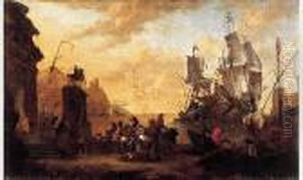 Navires Pres D'un Port Mediterraneen Oil Painting by Hendrik van Minderhout