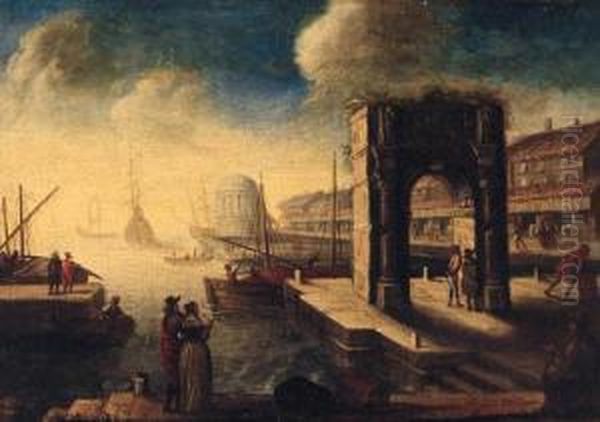 A Capriccio Of An Italianate Port With An Elegant Couple On Aquay Oil Painting by Hendrik van Minderhout