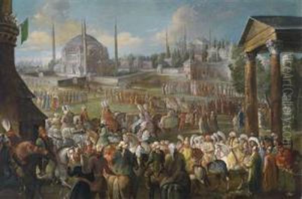 A Procession Of The Sultan In Istanbul Oil Painting by Jan-Baptiste Vanmour