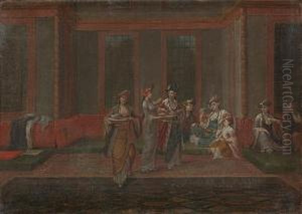 A Turkish Interior With A Maid Serving Coffeein Oil Painting by Jan-Baptiste Vanmour