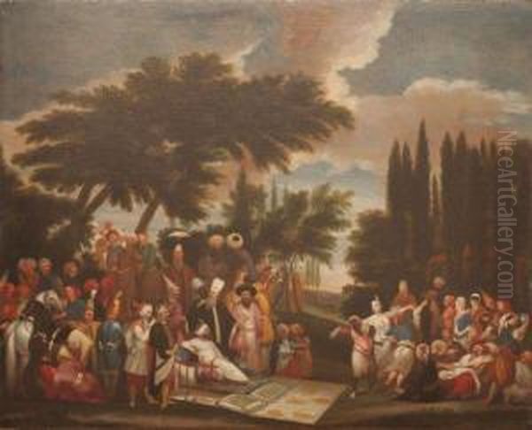 Les Preparatifs De La Chasse Du Sultan Ahmed Iii Oil Painting by Jan-Baptiste Vanmour