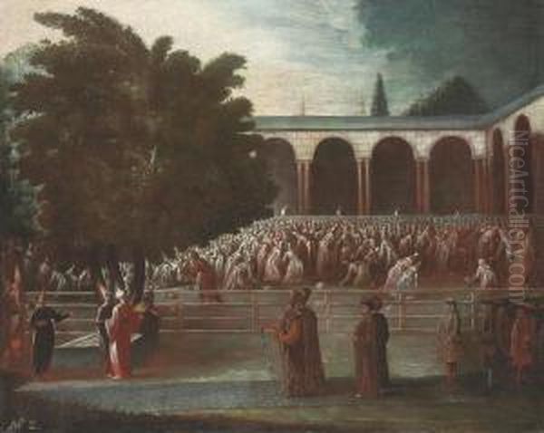 The Dutch Ambassador With His 
Retinue Being Received By Sultanahmed Iii At The Topkapi Palace Oil Painting by Jan-Baptiste Vanmour