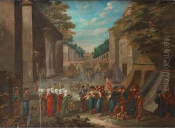 La Cour Du Serail Pendant La Revolution De 1730 Oil Painting by Jan-Baptiste Vanmour