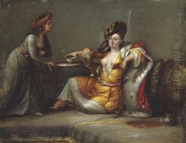 A Sultana Taking Tea Oil Painting by Jan-Baptiste Vanmour