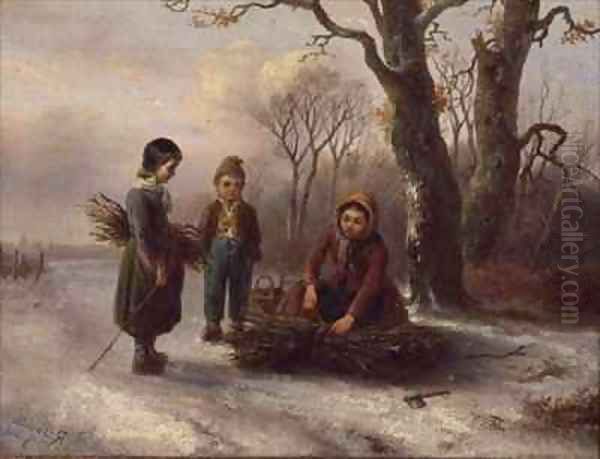 Children Collecting Logs Oil Painting by R. Favelle