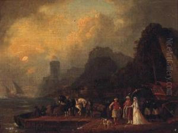 Figures In Oriental Costume On A Quay At Dusk Oil Painting by Jan-Baptiste Vanmour