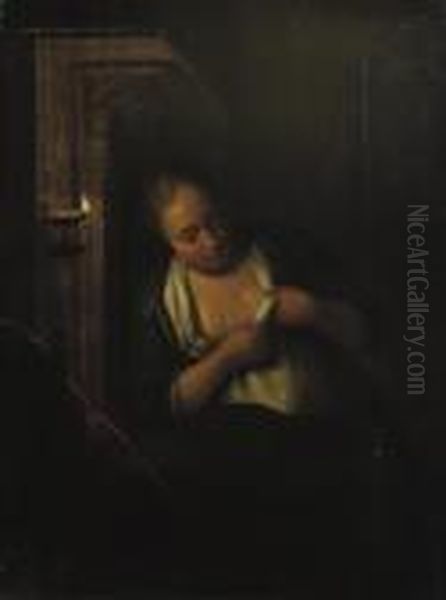 A Young Woman De-fleeing Herself In A Candlelit Interior Oil Painting by Michiel van Musscher