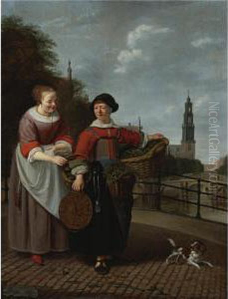 A Maid And A Female Merchant At The Eenhoornsluis In Amsterdam Oil Painting by Michiel van Musscher