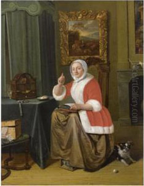 A Lady Sitting In An Interior, 
Embroidering At A Table With A Bird In A Birdcage, Together With A Dog Oil Painting by Michiel van Musscher