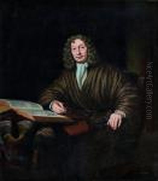 Gentilhomme Dans Son Cabinet De Lecture Devant Le Portrait De Son Epouse Oil Painting by Michiel van Musscher