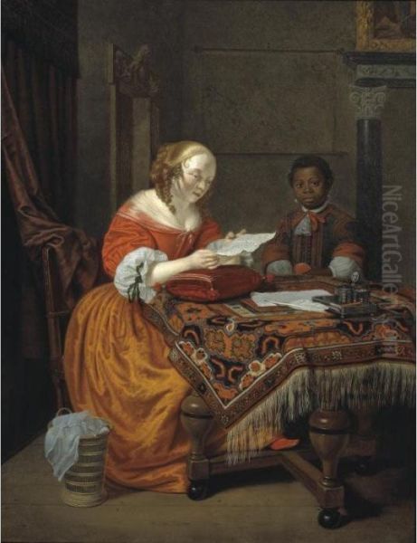 An Interior With A Young Girl, 
Seated At A Table Covered With An Indian Carpet And Reading A Letter, 
Attended By A Negro Page Oil Painting by Michiel van Musscher