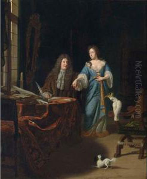 A Portrait Of An Elegant Couple 
Behind A Table In An Elaborate Interior With A Chinese Lacquer Drawer 
Accompanied By A Dog And A Cockatoo On A Chair Oil Painting by Michiel van Musscher