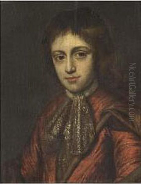 A Portrait Of A Boy, Bust 
Length, Wearing A Red Costume With A White Chemise And Brown Velvet 
Cloak Oil Painting by Michiel van Musscher