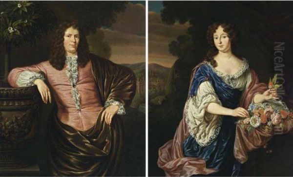 A Portrait Of A Gentleman, 
Standing Three-quarter Length, Wearing A Pink Satin Suit With White 
Chemise And A Brown Velvet Cloak; A Portrait Of His Wife, Standing 
Three-quarter Length, Wearing A Blue Satin Dress With A White Underdress
 And A Pink S Oil Painting by Michiel van Musscher