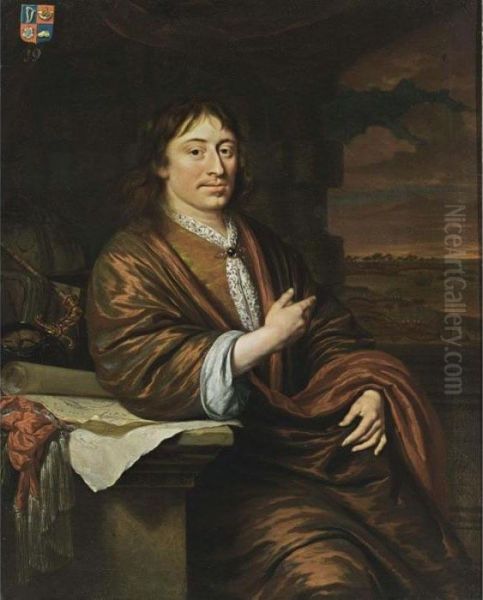 A Portrait Of Gerard Pietersz. 
Hulft (1621-1656), Seated Three-quarter Length, Wearing A Red Overcoat 
Over A Yellow Suit With A White Lace Chabot, Leaning On A Pedestal With A
 Still Life Of Maps, A Sword And A Globe, An Exotic Landscape Beyond Oil Painting by Michiel van Musscher