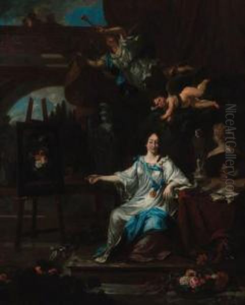 An Allegorical Portrait Of An 
Artist, Probably Rachel Ruysch,seated Full-length, In A White Dress With
 A Blue Sash, Holding Apaint Brush Before An Easel, A Draped Table With A
 Palette, Booksand Sculpture At Her Side, An Angel Blowing A Horn With A
 Oil Painting by Michiel van Musscher