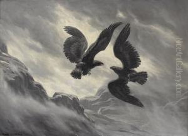 Zwei Adler Im Flugkampf Oil Painting by Ewert Louis Van Muyden