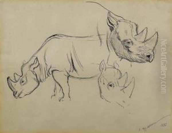 Study Of Rhinoceri. 1886 Oil Painting by Ewert Louis Van Muyden