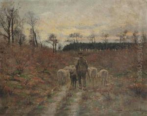 Shepherd With Sheep Oil Painting by Henri Van Muyden