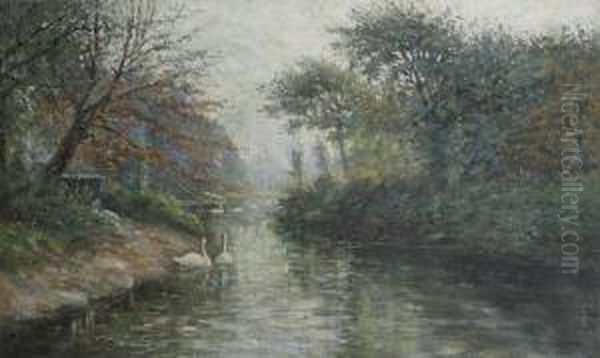 Swans At The Lake In The Antwerp City Park Oil Painting by Henri Van Muyden