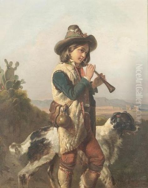 Hirte Mit Hund Beim Flotenspiel. Oil Painting by Jacques Alfred Van Muyden