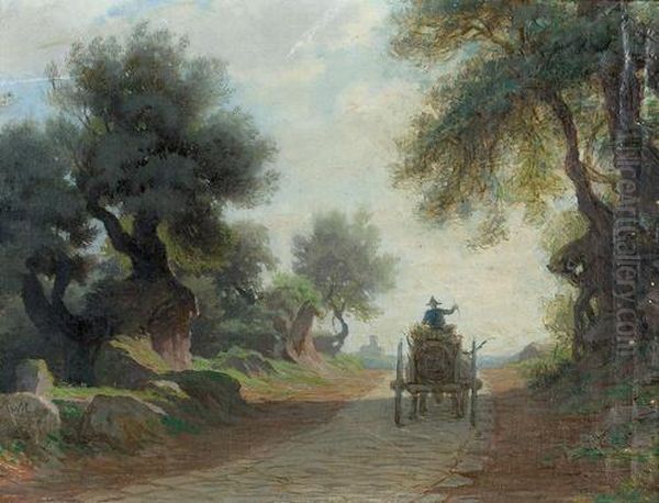 Landschaft Mit Pferdekarren Auf Einem Weg. Oil Painting by Jacques Alfred Van Muyden