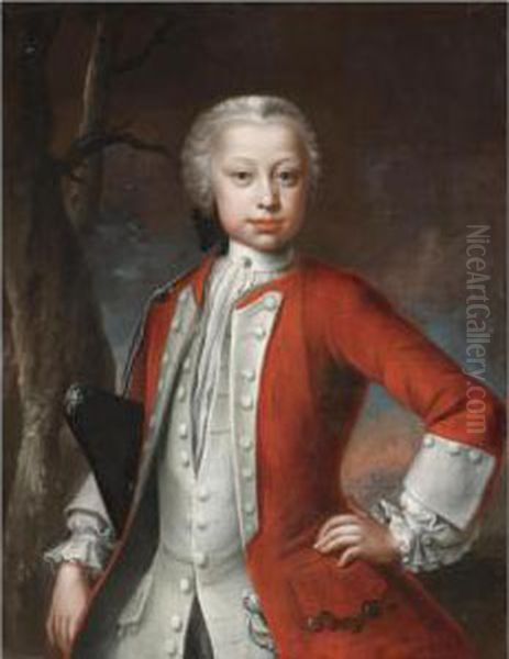 Portrait Of A Young Officer, Half Length, Wearing A Red Jacket Oil Painting by Martin II Mytens or Meytens