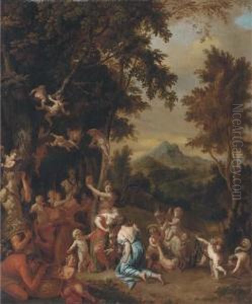 A Bacchanal With Nymphs, Satyrs And Putti Before A Herm Oil Painting by Jan van Neck