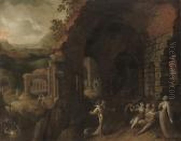 Elegant Company By Classical Ruins Oil Painting by Adriaen van Nieulandt