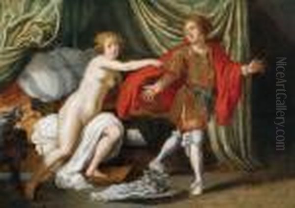 Giuseppe Con La Moglie Di Putifarre Oil Painting by Adriaen van Nieulandt