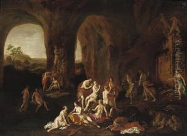 Diana And Her Nymphs In A Cave Oil Painting by Adriaen van Nieulandt