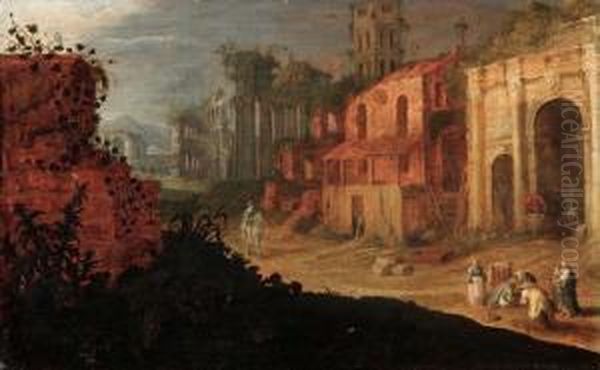 Paesaggio Italianizzante Con Rovine, Pastori E Cavaliere Oil Painting by Adriaen van Nieulandt