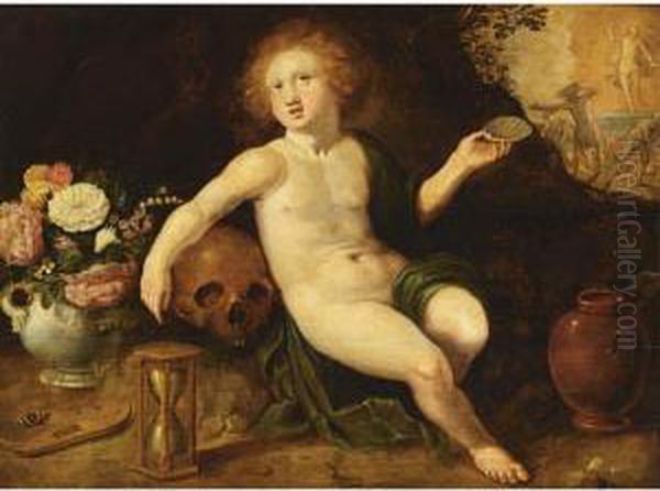 An Allegory Of Vanitas, With A 
Putto, A Skull, An Hourglass And Flowers, The Resurrection Of Christ 
Beyond Oil Painting by Adriaen van Nieulandt