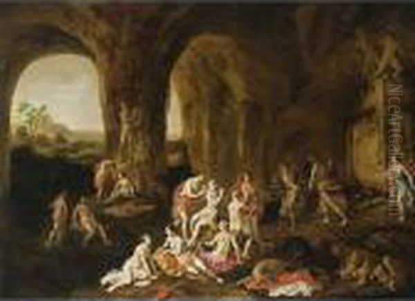 Diana And Her Nymphs Resting After The Hunt In A Cave, Surrounded By Antique Statues Oil Painting by Adriaen van Nieulandt