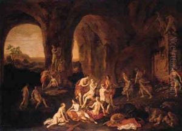 Diana And Her Nymphs Resting In A Cave, Among Classicalstatues Oil Painting by Adriaen van Nieulandt