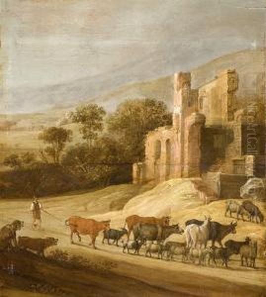 Vacher Menant Son Troupeau Dans Un Paysage De Ruines Antiques Oil Painting by Willem van, the Younger Nieulandt