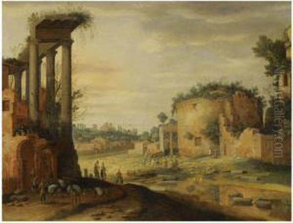 A Capriccio Italianate Landscape With Travellers By Classical Ruinsin The Foreground Oil Painting by Willem van, the Younger Nieulandt