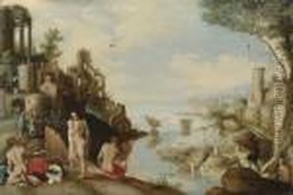 A Capriccio Landscape With Men Bathing Near A Harbour Oil Painting by Willem van, the Younger Nieulandt