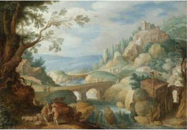 A Mountainous River Landscape With Herdsmen Resting Their Goats In The Foreground Oil Painting by Willem van, the Younger Nieulandt