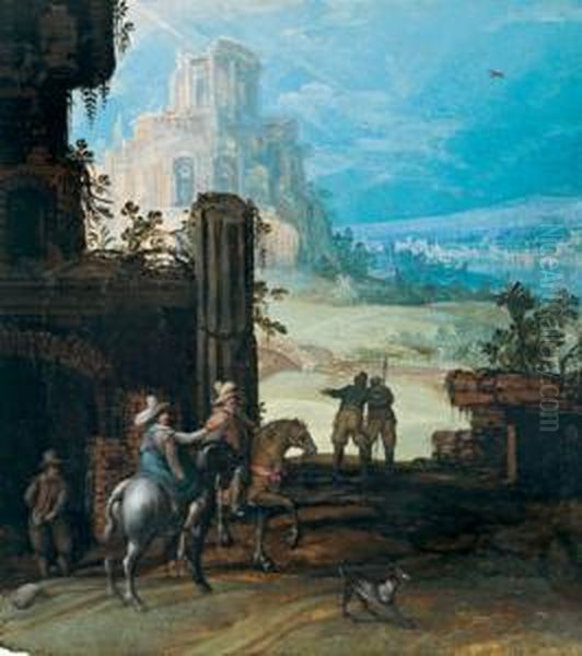 Cavalieri In Un Paesaggio Con Rovine Oil Painting by Willem van, the Younger Nieulandt