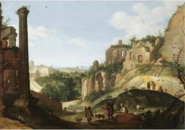 A Southern Landscape With Ruins, Possibly A Capriccio View Of Rome Oil Painting by Willem van, the Younger Nieulandt